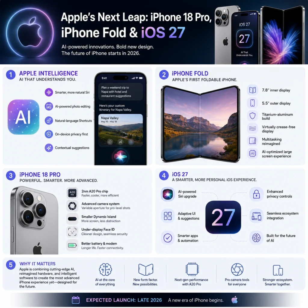 iPhone 18 Pro leaks, Apple’s first foldable iPhone, and the AI-powered iOS 27 features expected to redefine smartphones in 2026.