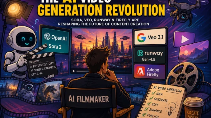 Discover the most powerful AI video generation tools in 2026, including OpenAI Sora 2, Google Veo 3.1, Runway Gen-4.5, and Adobe Firefly.
