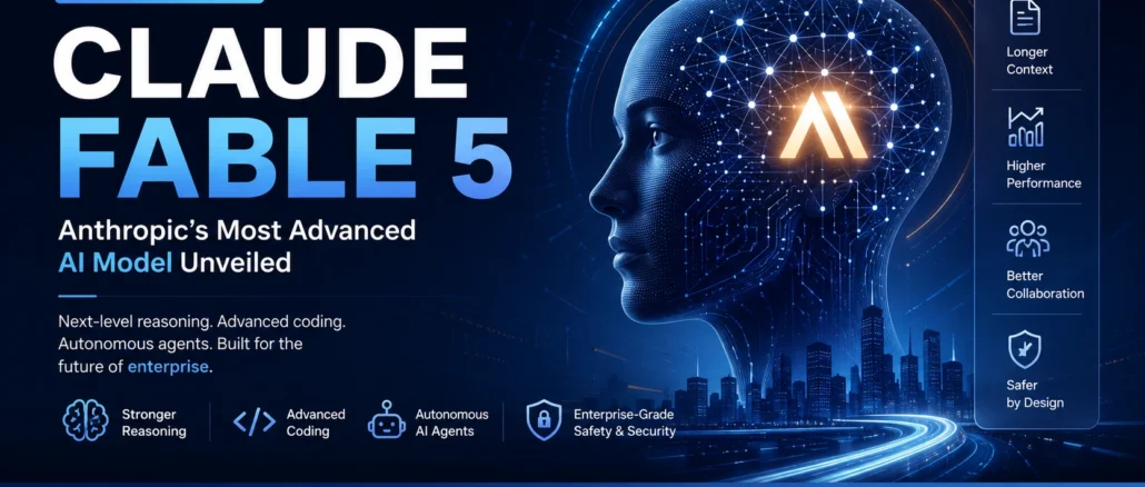 Claude Fable 5 AI model visualization showing enterprise automation, AI agents, coding assistance, and next-generation artificial intelligence technologies.