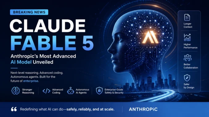 Claude Fable 5 AI model visualization showing enterprise automation, AI agents, coding assistance, and next-generation artificial intelligence technologies.