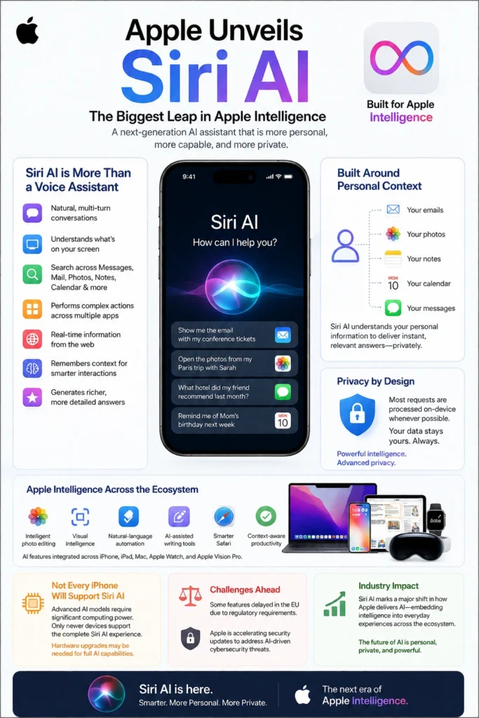 Apple Siri AI interface displayed on an iPhone alongside Apple Intelligence features across the Apple ecosystem.