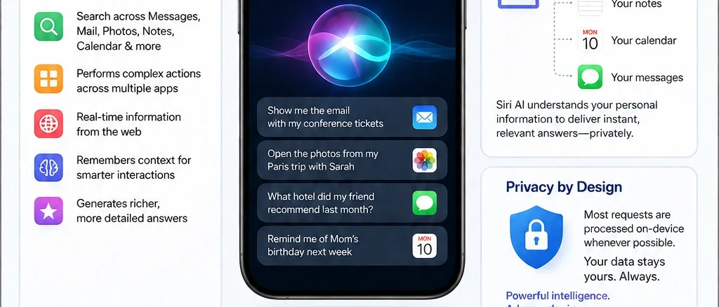 Apple Siri AI interface displayed on an iPhone alongside Apple Intelligence features across the Apple ecosystem.