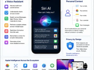 Apple Siri AI interface displayed on an iPhone alongside Apple Intelligence features across the Apple ecosystem.