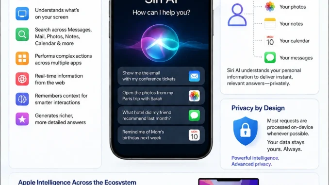 Apple Siri AI interface displayed on an iPhone alongside Apple Intelligence features across the Apple ecosystem.